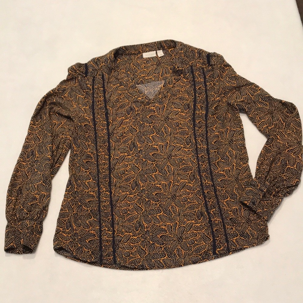 Navy and mustard, abstract flower blouse, large